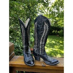 Vintage Larry Mahan Womens 7B Black Tall 16" Knee High Embroidered Cowboy Boots